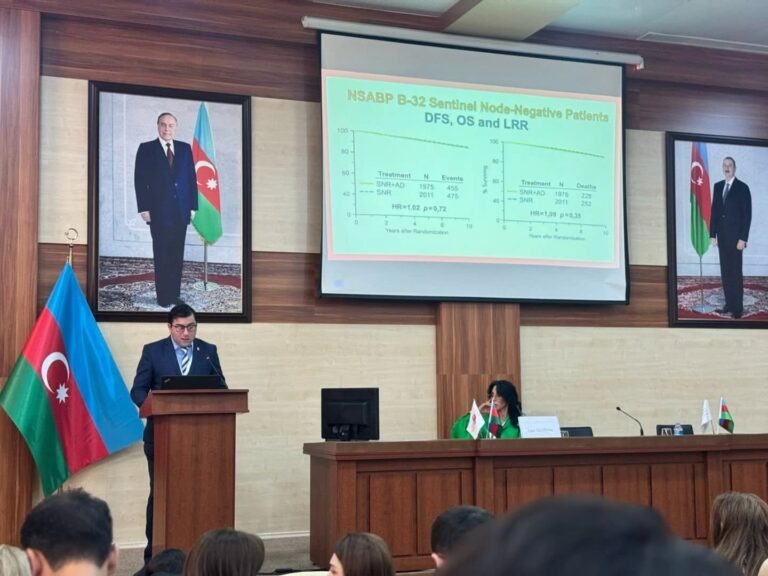 Dos. Dr. Mirxalıq Cavadov süd vəzi xərçəngi mövzusunda elmi məruzə edir
